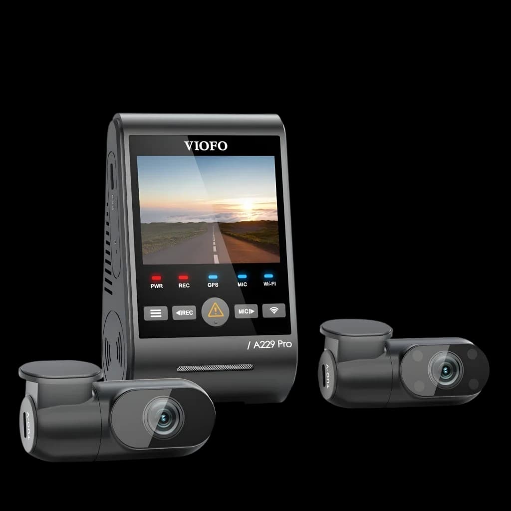 Caméra embarquée VIOFO A229 Pro avec écran couleur, deux modules caméra compacts, boutons LED PWR REC GPS MIC WIFI, design noir mat moderne