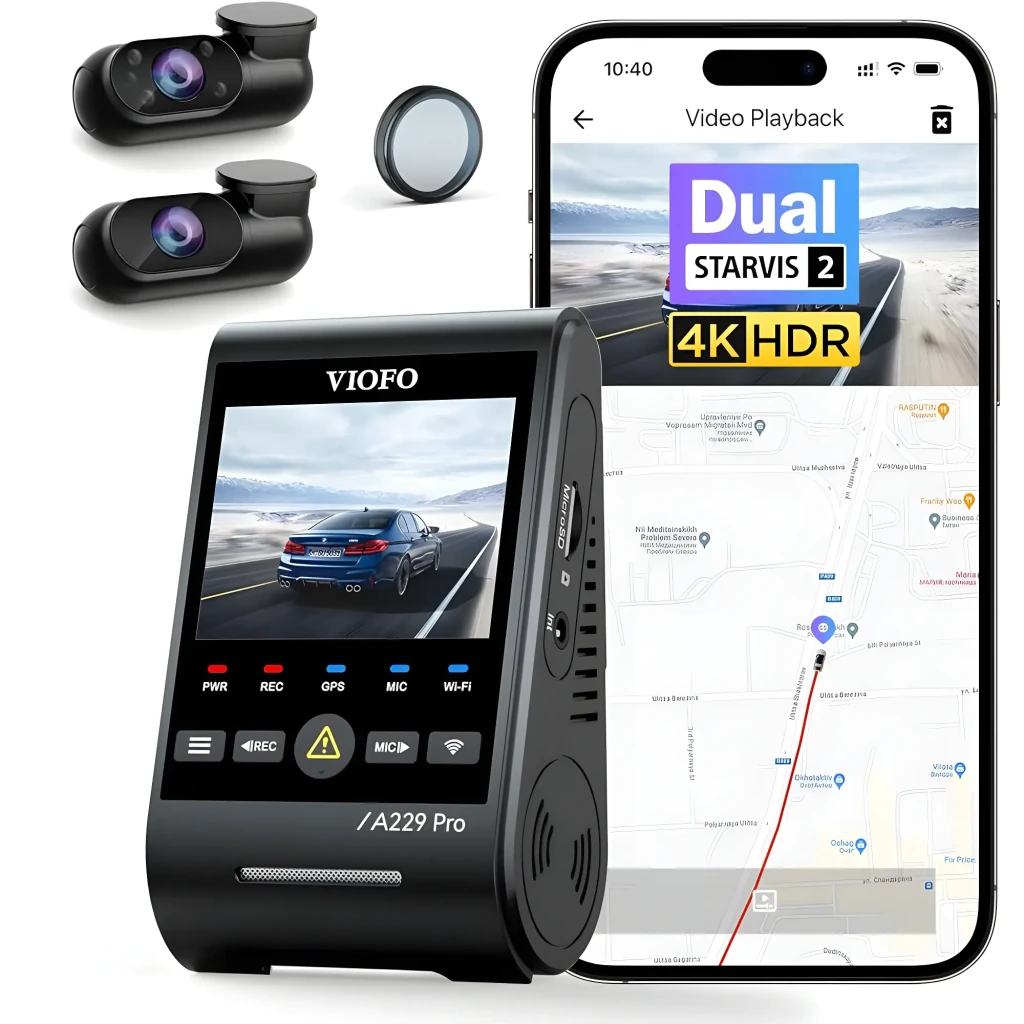 VIOFO A229 Pro com módulo principal e duas câmeras compactas; tela colorida, botões iluminados, lentes grandes e design preto elegante para 3 canais 4K 30 - Item3