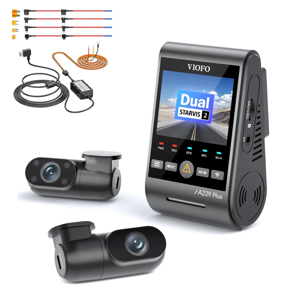VIOFO A229 Pro com módulo principal e duas câmeras compactas; tela colorida, botões iluminados, lentes grandes e design preto elegante para 3 canais 4K 30 - Item5