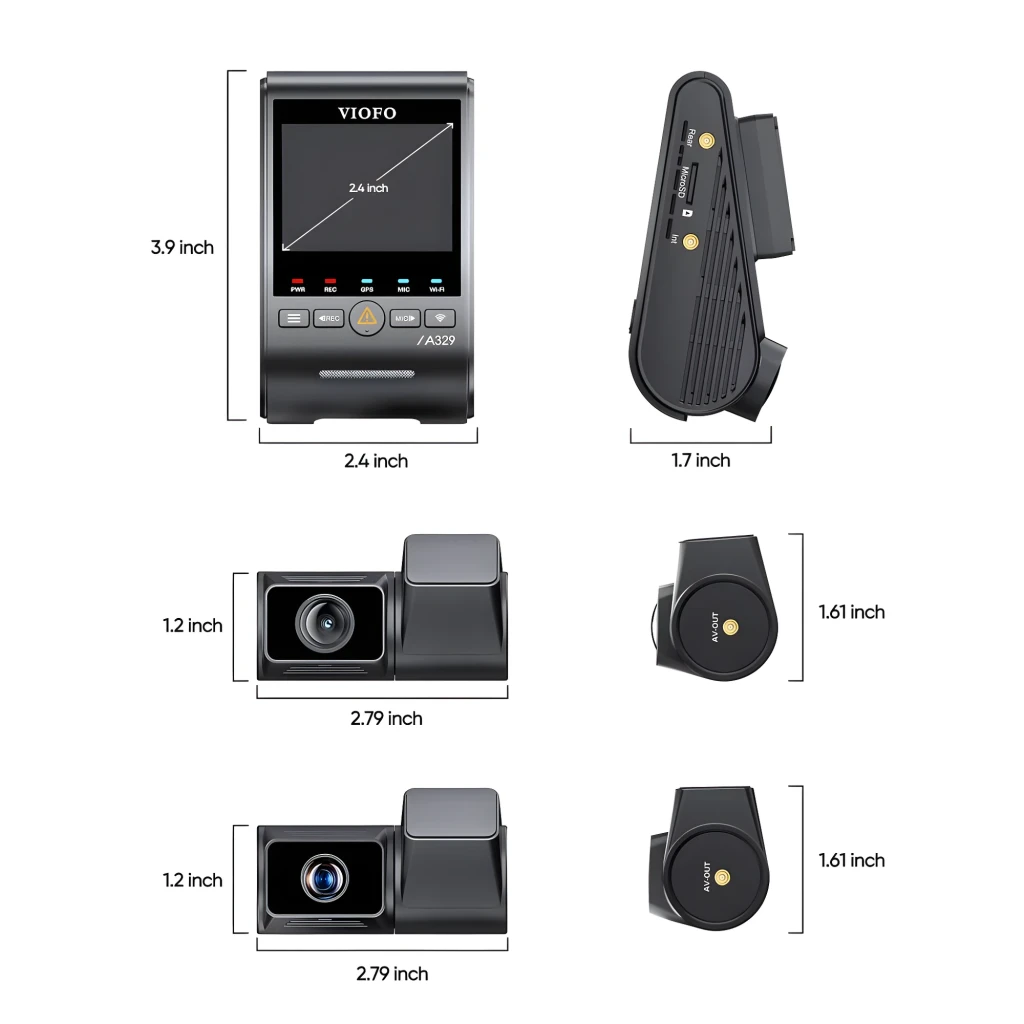 VIOFO A229 Pro com módulo principal e duas câmeras compactas; tela colorida, botões iluminados, lentes grandes e design preto elegante para 3 canais 4K 30 - Item1