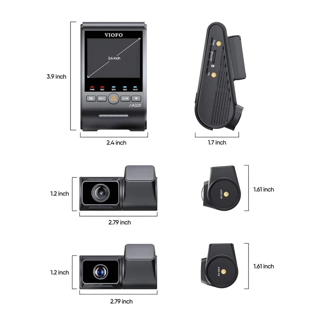 VIOFO A229 Pro 3 canaux 4K: unité principale 2,4 pouces, caméras avant et intérieure 2,79 x 1,2 pouces, module latéral 1,7 pouces, ports GPS et Wi‑Fi