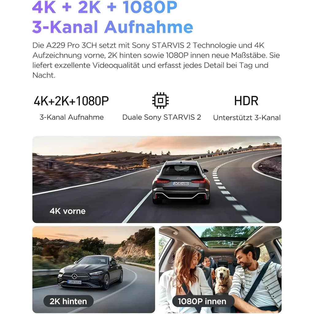 Caméra embarquée VIOFO A229 Pro 3 canaux 4K30 avec module avant compact, modules arrière et intérieur, GPS intégré, Wi‑Fi double bande, vision nocturne
