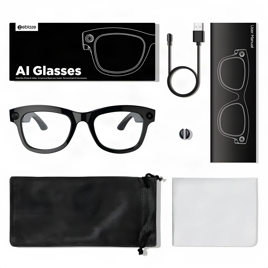 Gafas inteligentes Zeblaze Eyewear AI Negro con montura negra brillante, cámara 5MP integrada en frontal, lentes claras y patillas open ear para audio Hi‑Fi - Ítem3