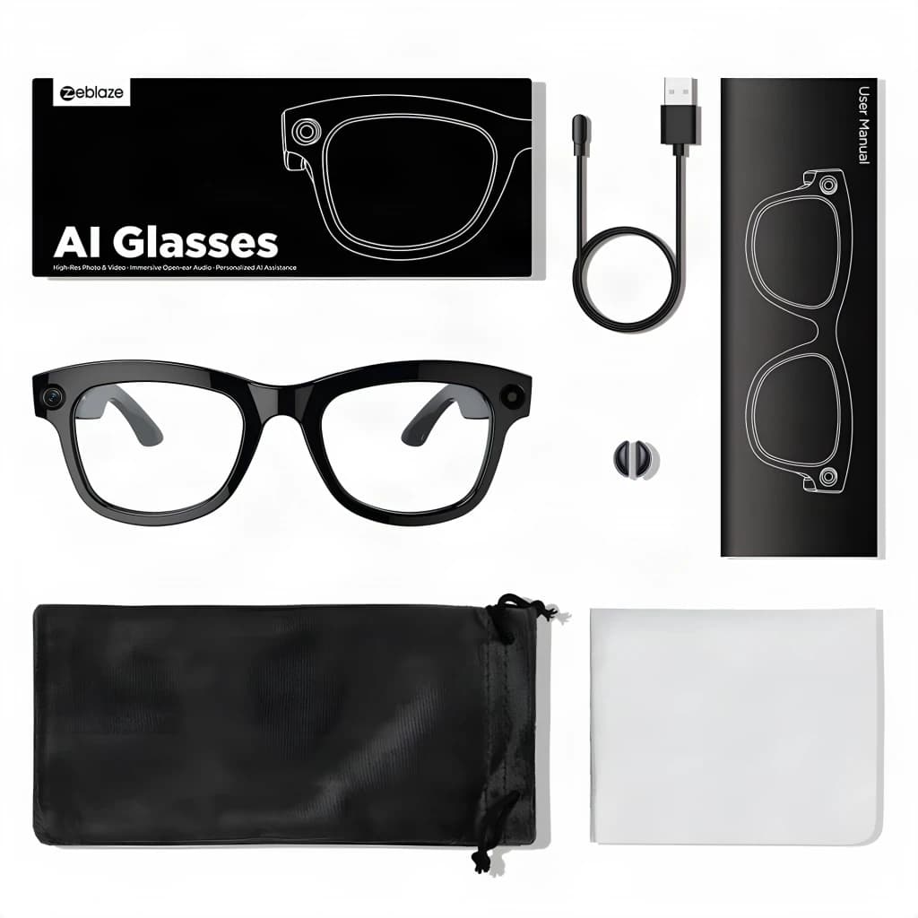 Lunettes noires intelligentes avec caméra 5 MP, enregistrement 1080p, audio Hi‑Fi open‑ear. Inclus étui souple, câble USB, manuel et chiffon de nettoyage