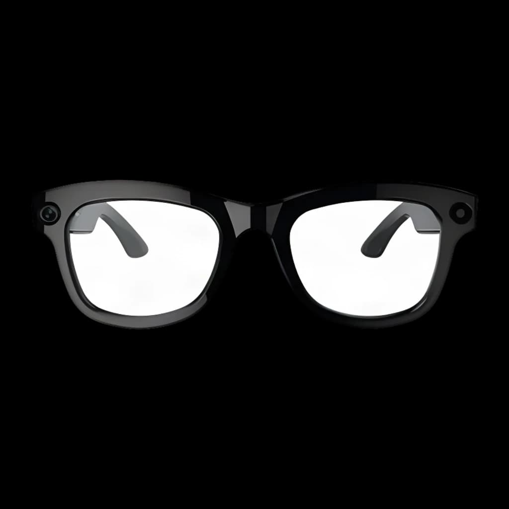 Lunettes intelligentes Zeblaze Eyewear AI Noir, monture noire épaisse, caméra 5 MP intégrée aux coins, verres transparents, branches ouvertes pour audio