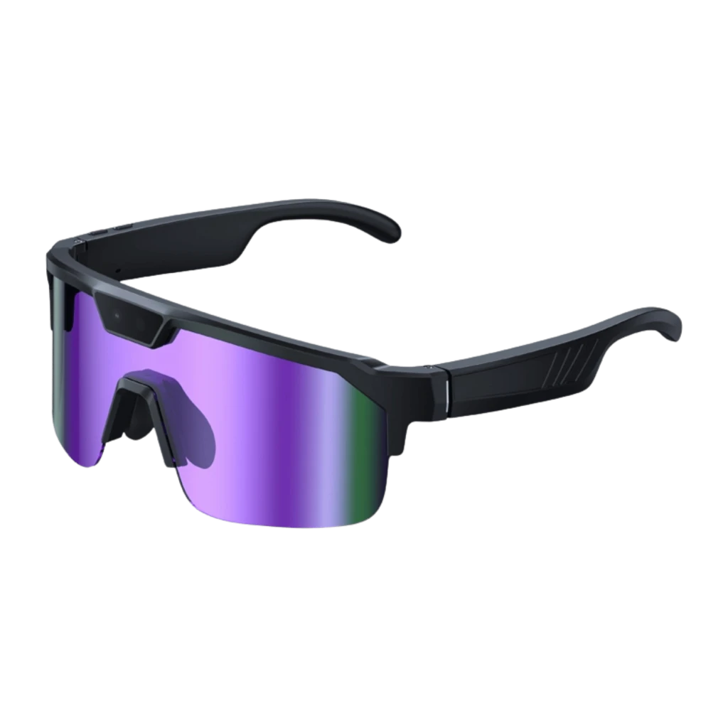 Zeblaze Q01 lunettes sport violettes avec écran unique miroir, monture noire angulaire, caméra centrale 8MP Sony IMX219 intégrée pour prise de vue discrète - Ítem5