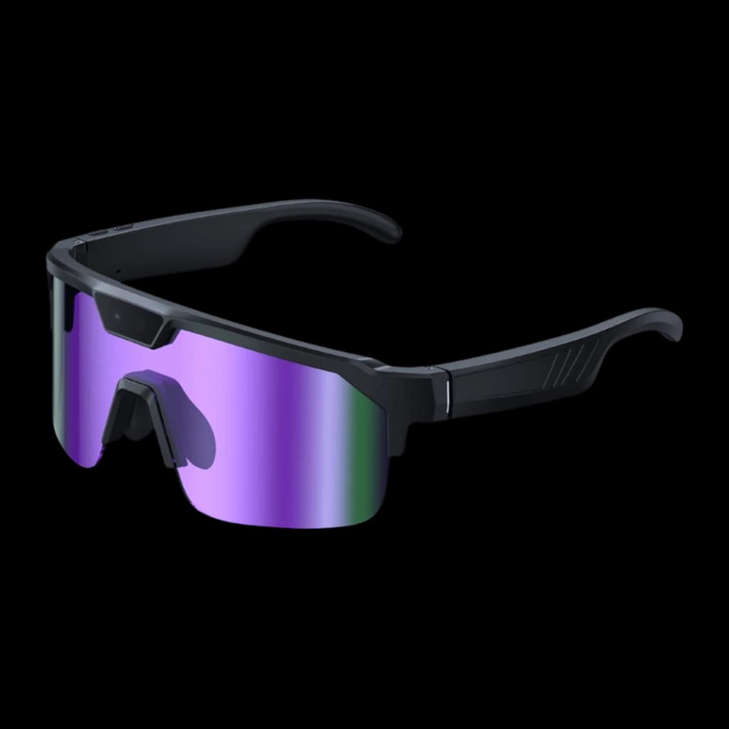 Zeblaze Q01 AI Sports Sunglasses Purple avec écran miroir violet, monture noire enveloppante, caméra 8MP Sony IMX219 intégrée au pont nasal