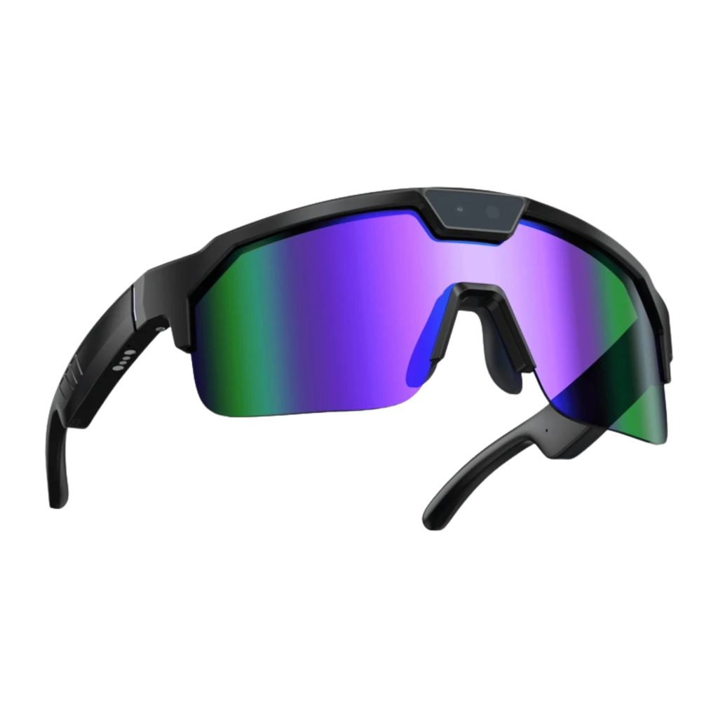 Zeblaze Q01 lunettes sport violettes avec écran unique miroir, monture noire angulaire, caméra centrale 8MP Sony IMX219 intégrée pour prise de vue discrète - Ítem4