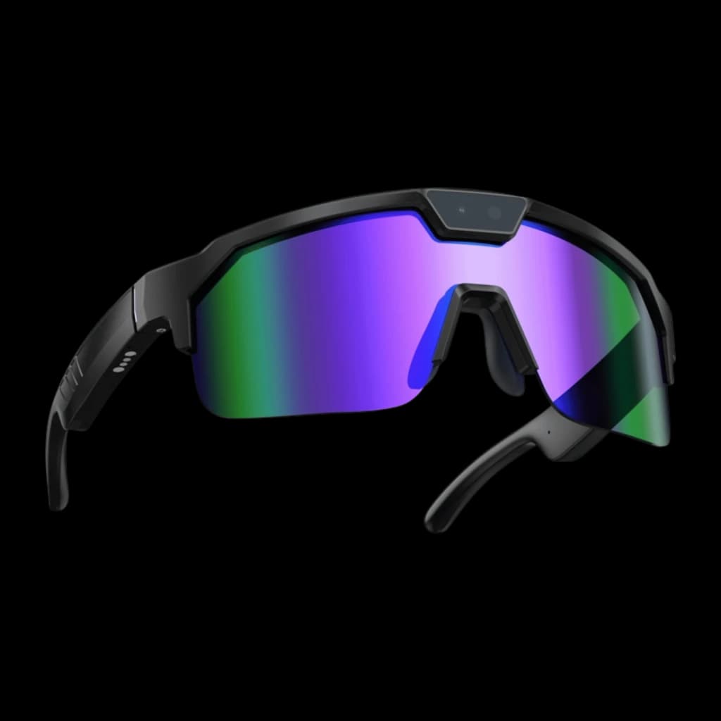 Zeblaze Q01 lunettes sport AI violettes avec écran de verre miroir vert-violet, monture noire anguleuse, caméra 8MP Sony IMX219 intégrée au pont nasal