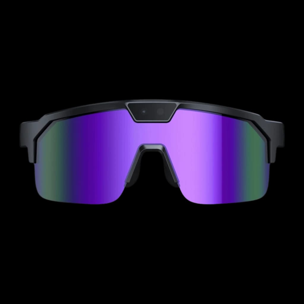 Zeblaze Q01 lunettes sport violettes avec écran unique miroir, monture noire angulaire, caméra centrale 8MP Sony IMX219 intégrée pour prise de vue discrète