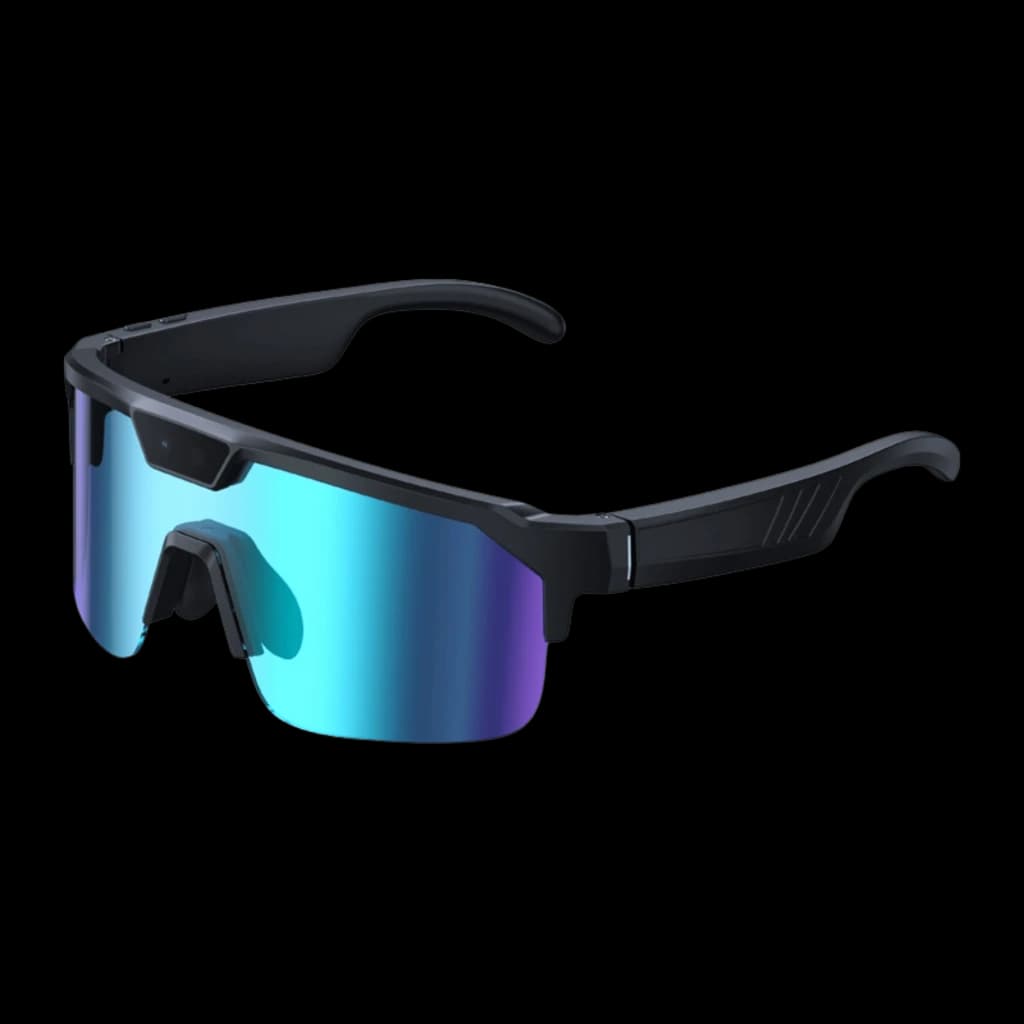 Zeblaze Q01 lunettes sport bleu avec écran de verres miroir irisés, monture noire angulaire, pont nasal ajustable, module caméra 8MP Sony IMX219 intégré