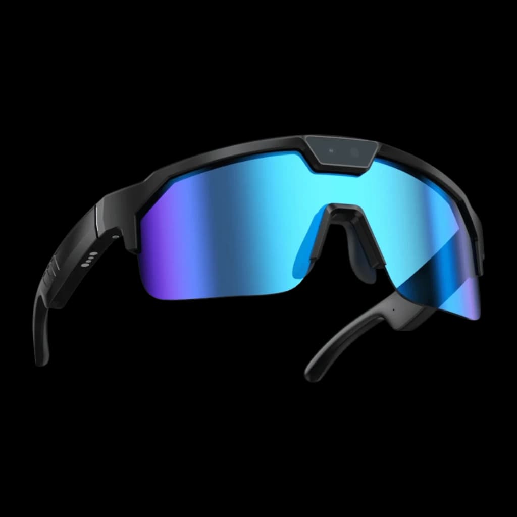 Lunettes sport Zeblaze Q01 bleues avec écran miroir bleu, monture noire angulaire et caméra 8MP Sony IMX219 intégrée au pont nasal