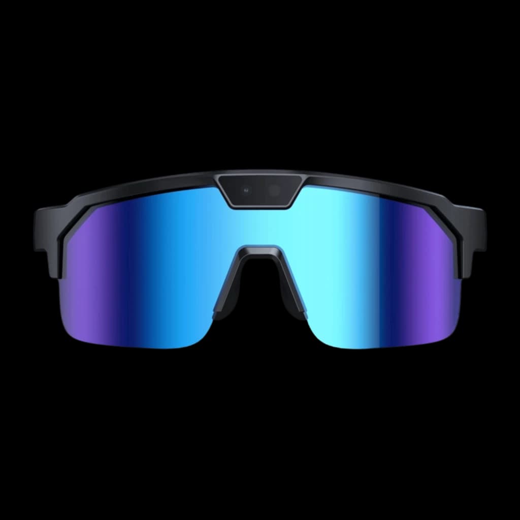 Zeblaze Q01 lunettes sport bleues avec verres miroir bleus, monture noire, capteur caméra 8 MP Sony IMX219 centré au-dessus du pont nasal