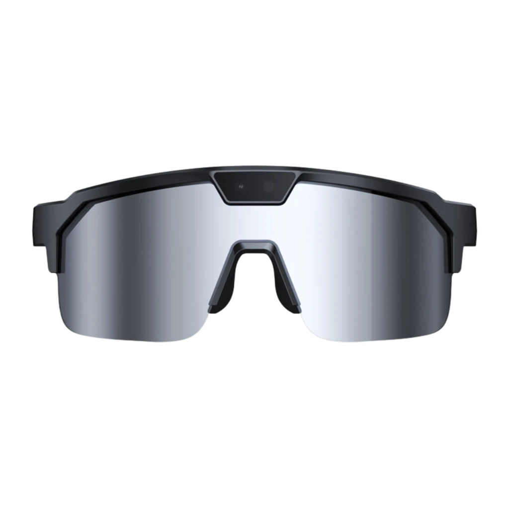 Zeblaze Q01 AI Sports Sunglasses Silver 8MP Sony IMX219 avec écran miroir argent, monture noire angulaire, caméra centrale discrète, design sportif
