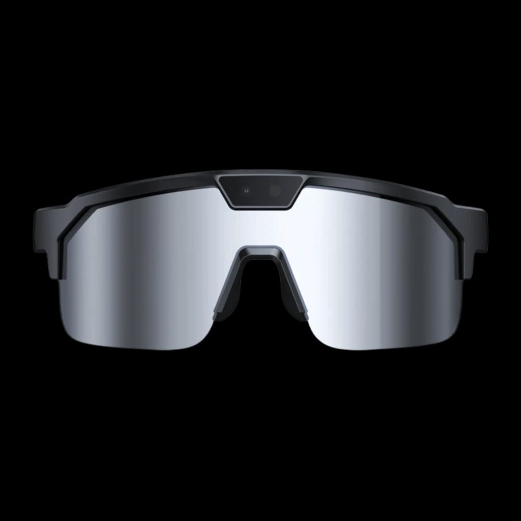 Zeblaze Q01 AI Sports Sunglasses Silver 8MP Sony IMX219 avec écran miroir argent, monture noire angulaire, caméra centrale discrète, design sportif