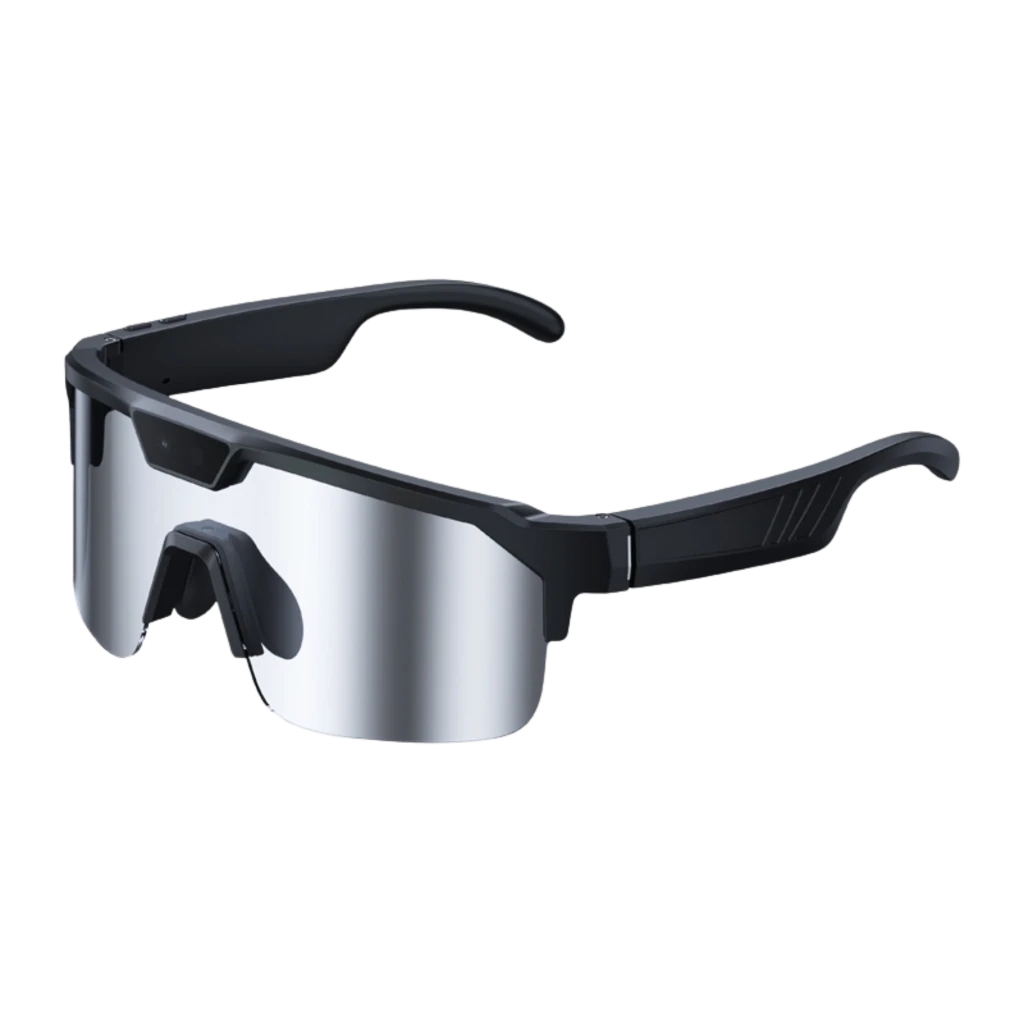 Zeblaze Q01 AI Sports Sunglasses Silver 8MP Sony IMX219 avec écran miroir argent, monture noire angulaire, caméra centrale discrète, design sportif - Ítem3