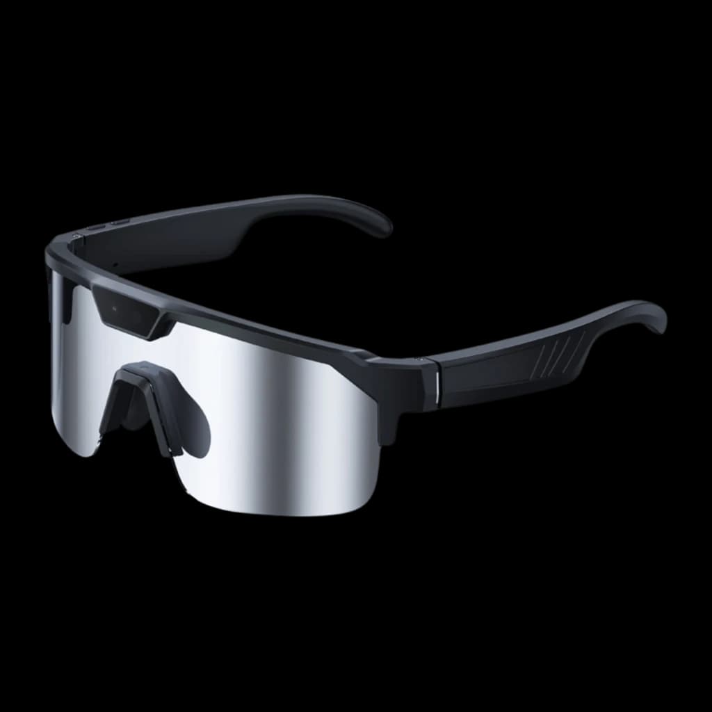 Zeblaze Q01 AI Sports Sunglasses Silver 8MP Sony IMX219 avec verres miroir argent, monture noire anguleuse, pont nasal ajustable et barre supérieure intégrée