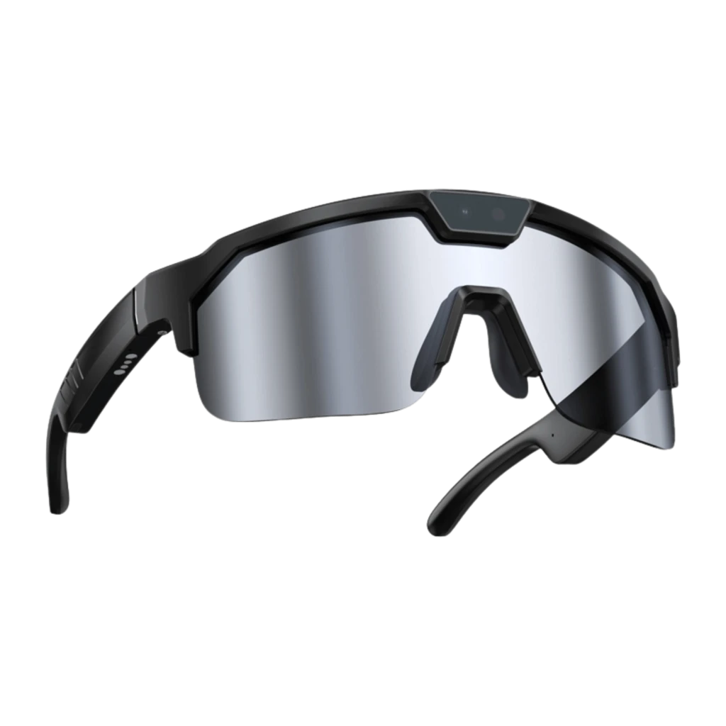 Zeblaze Q01 AI Sports Sunglasses Silver 8MP Sony IMX219 avec écran miroir argent, monture noire angulaire, caméra centrale discrète, design sportif - Ítem2