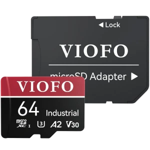 Carte Micro SD VIOFO 64 Go rouge et noire avec adaptateur microSD, marquages Industrial A2 V30 U3, format microSDXC, idéale caméras embarquées et sécurité