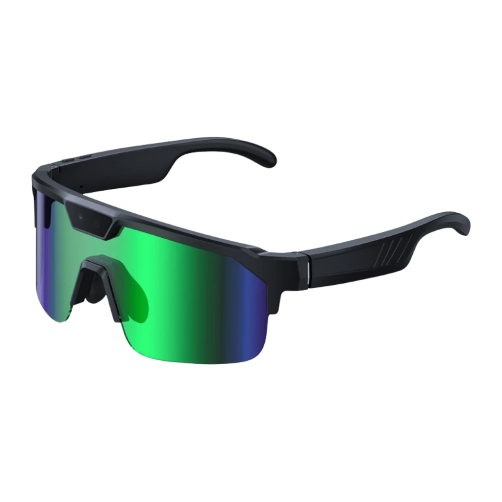 Zeblaze Q01 AI Sports Sunglasses Green 8MP Sony IMX219 avec monture noire, écran de nez ergonomique et verres miroir verts couvrants, caméra centrale - Ítem1