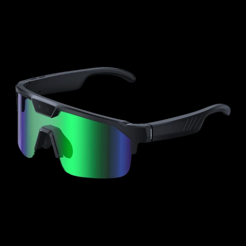 Zeblaze Q01 lunettes sport vertes avec écran solaire miroir vert, monture noire angulaire, nez ajustable, module caméra 8 MP Sony IMX219 intégré