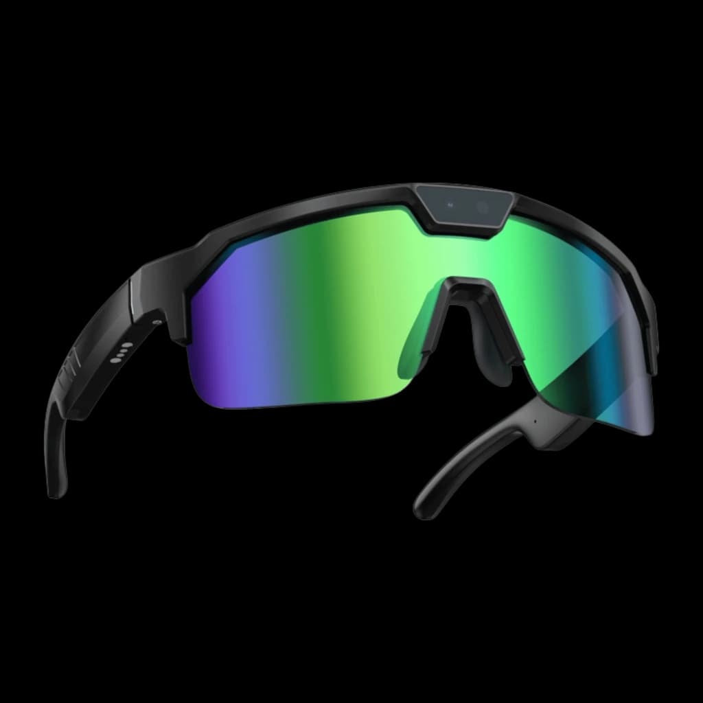 Zeblaze Q01 lunettes sport vertes avec écran unique miroir vert, monture noire angulaire et caméra 8MP Sony IMX219 intégrée au pont nasale