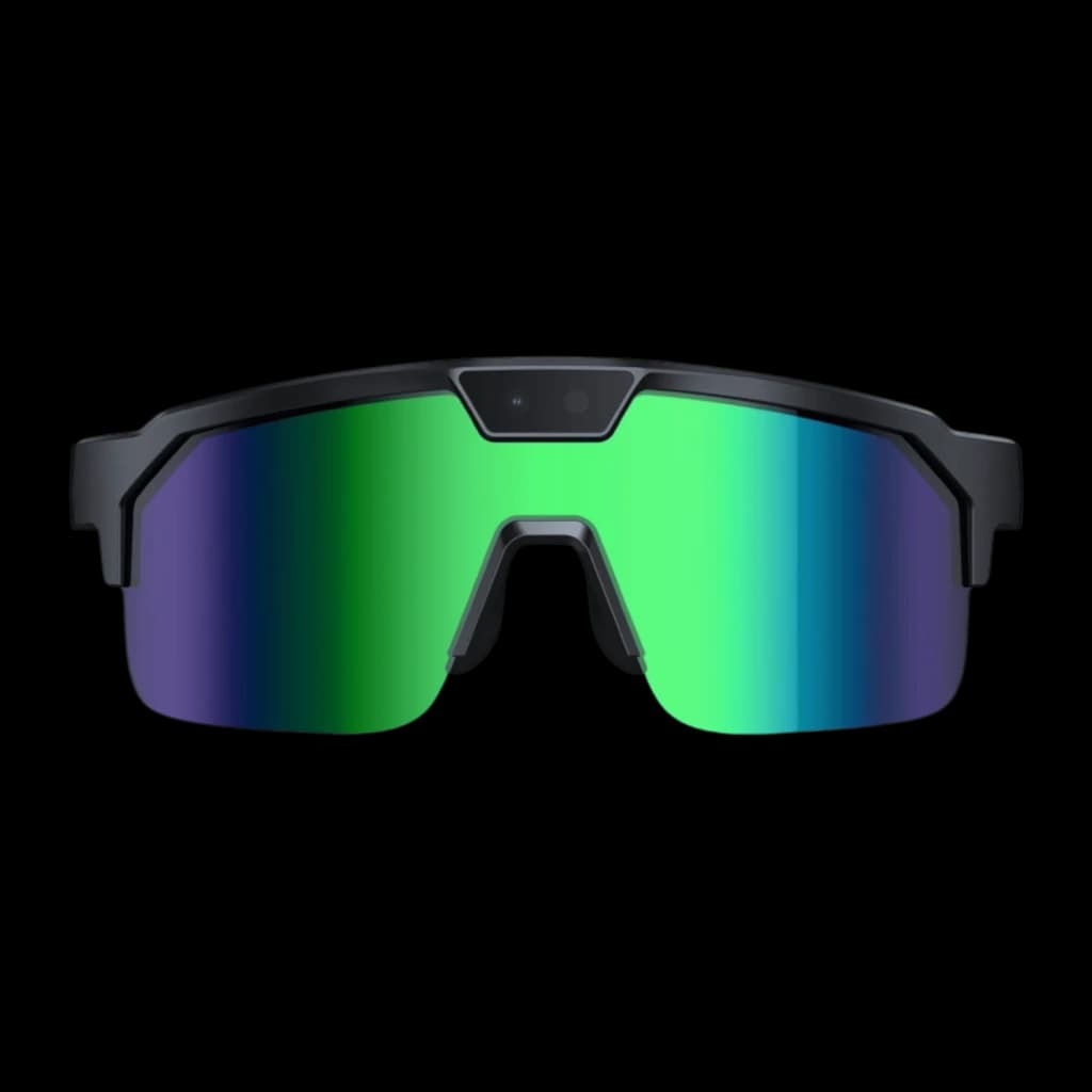Zeblaze Q01 AI Sports Sunglasses Green 8MP Sony IMX219 avec monture noire, écran de nez ergonomique et verres miroir verts couvrants, caméra centrale