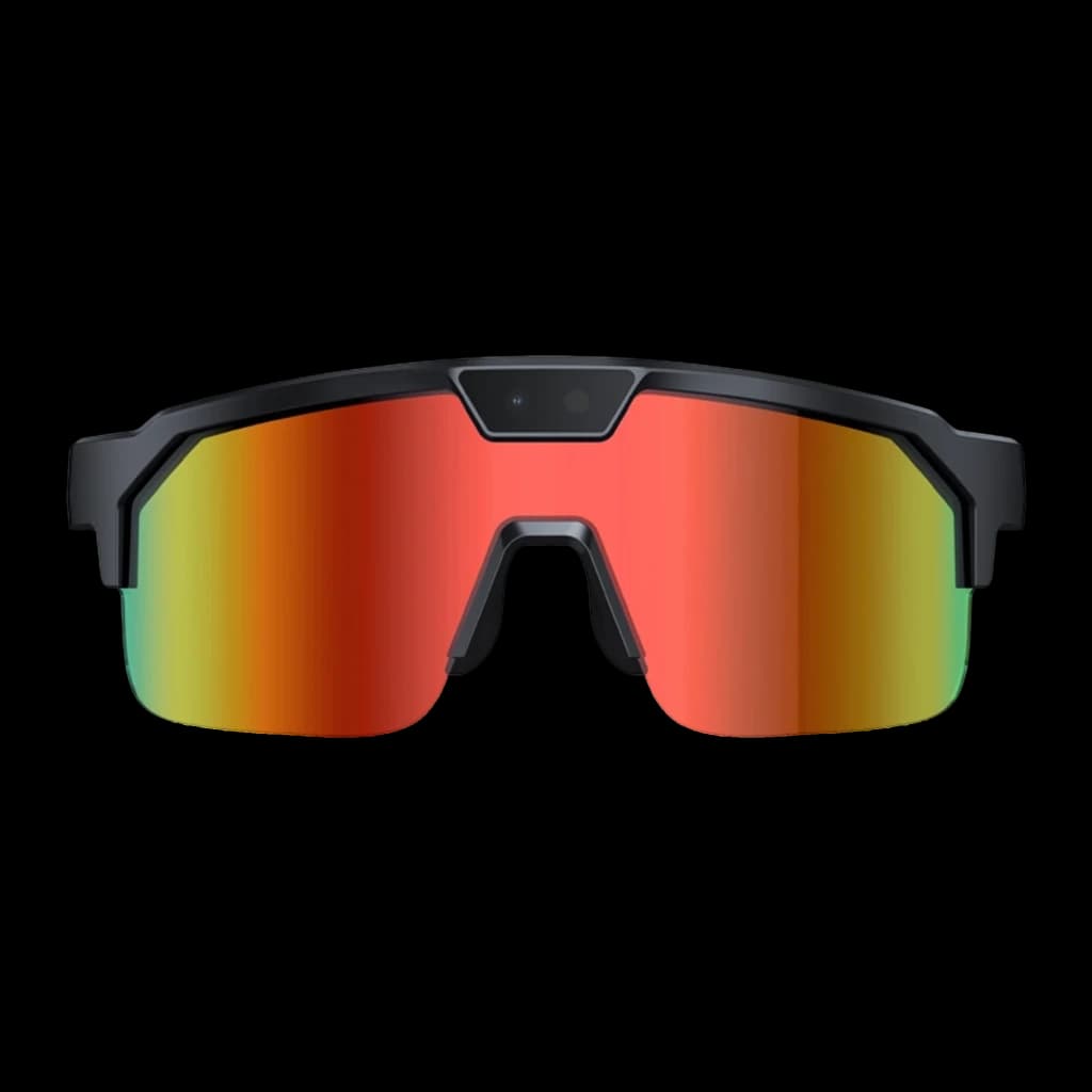 Zeblaze Q01 AI Sports Sunglasses Orange 8MP Sony IMX219 avec verres miroir orange rouges, monture noire, caméra centrale discrète, design sportif