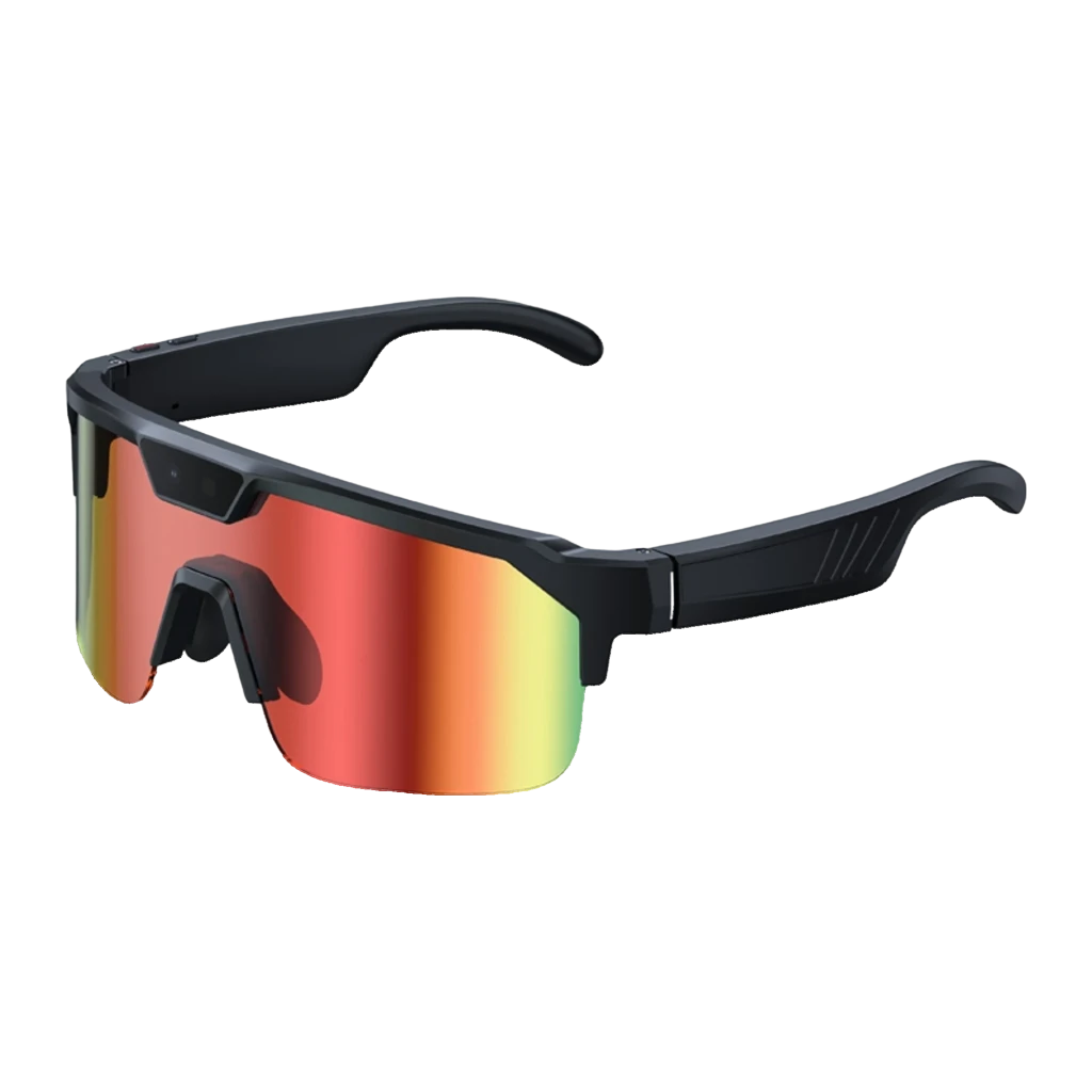 Zeblaze Q01 AI Sports Sunglasses Orange 8MP Sony IMX219 avec verres miroir orange rouges, monture noire, caméra centrale discrète, design sportif - Ítem2
