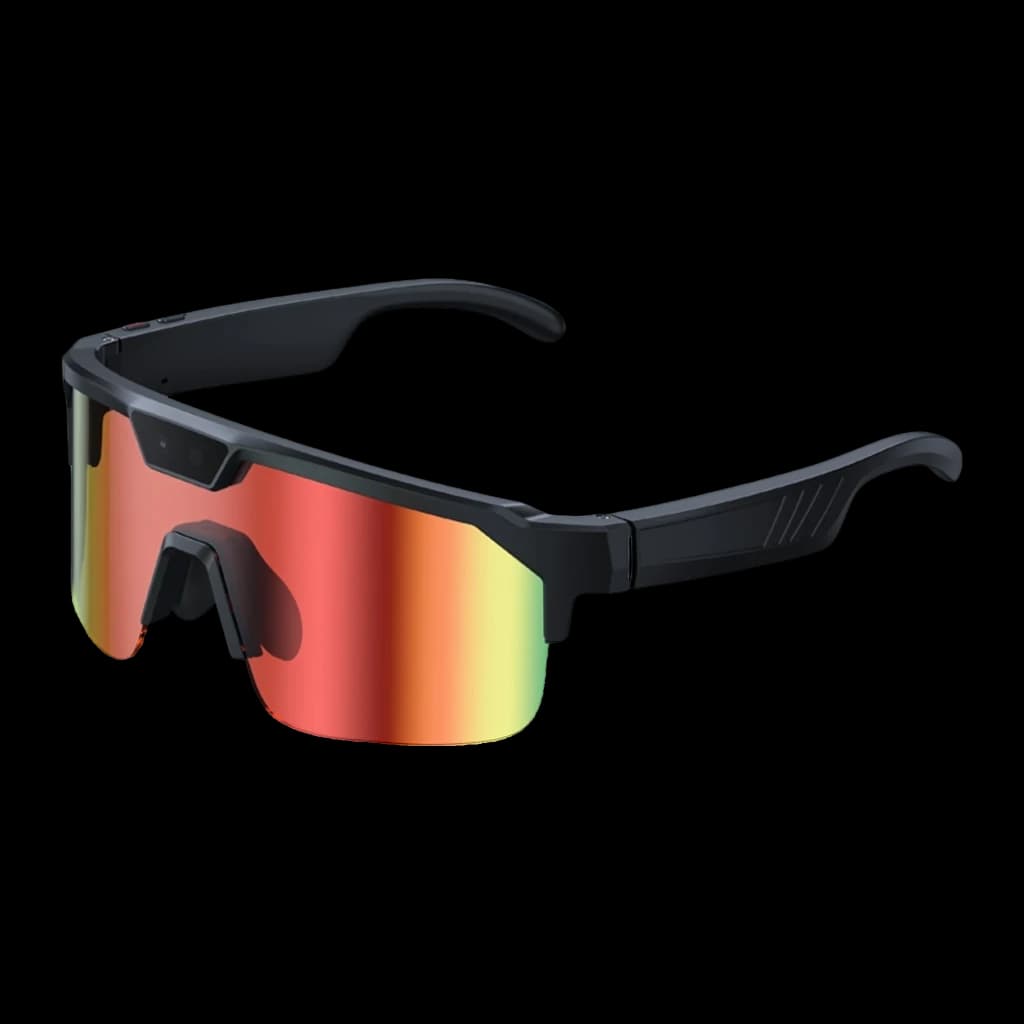 Zeblaze Q01 lunettes sport orange avec écran unique miroir rouge, monture noire angulaire, caméra 8 MP Sony IMX219 intégrée au pont nasal