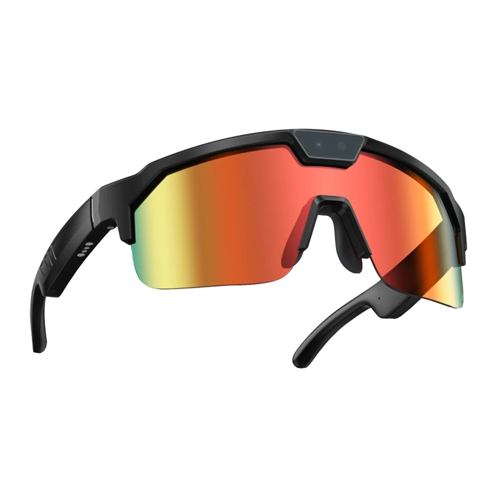 Zeblaze Q01 AI Sports Sunglasses Orange 8MP Sony IMX219 avec verres miroir orange rouges, monture noire, caméra centrale discrète, design sportif - Ítem1