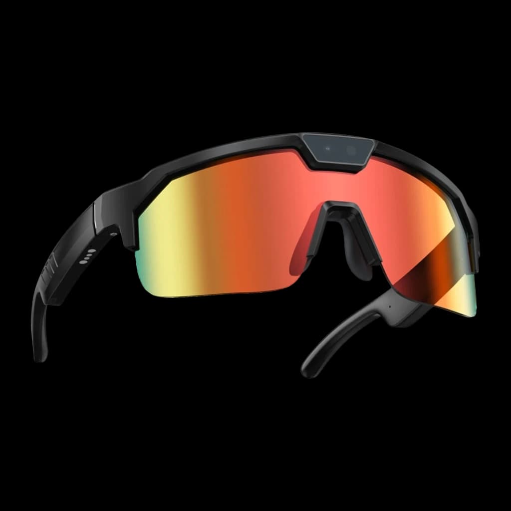 Zeblaze Q01 AI Sports Sunglasses Orange 8MP Sony IMX219 avec monture noire, lentille miroir orange, caméra frontale intégrée et branches ergonomiques