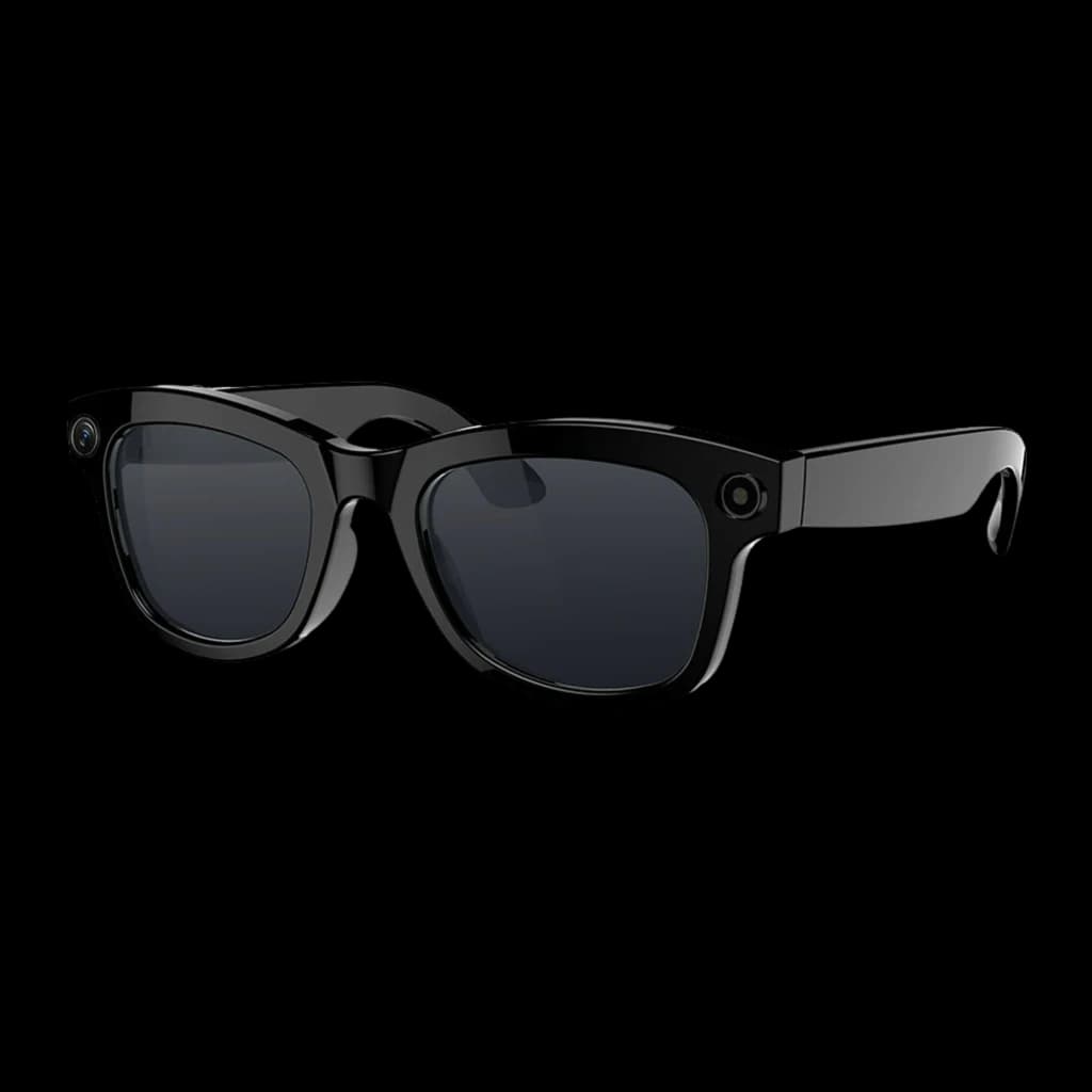 Lunettes noires élégantes avec verres fumés, caméras 5 MP intégrées aux coins, enregistrement 1080p et branches audio open-ear, stockage 32 Go