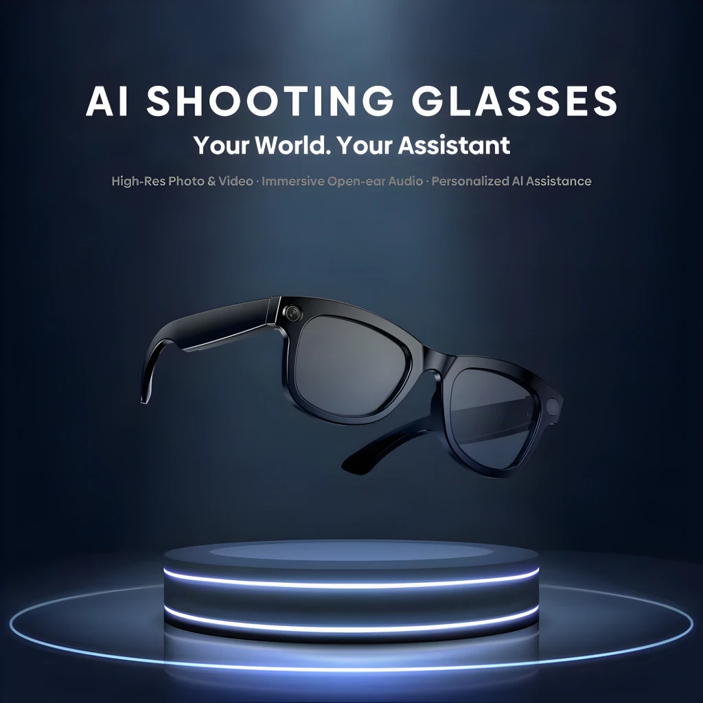 Gafas negras de sol con montura brillante, lentes oscuras rectangulares y cámaras integradas en ambos lados, diseño open-ear discreto y moderno - Ítem4