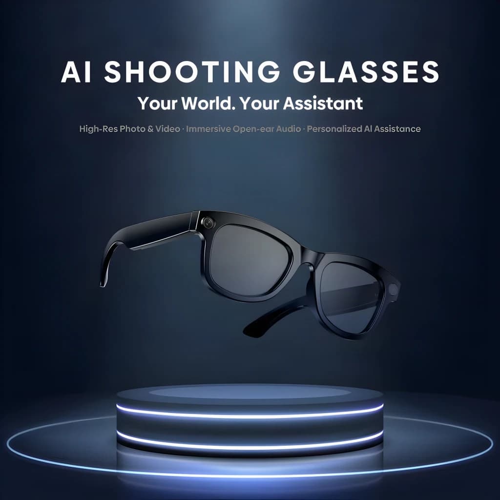 Lunettes noires élégantes avec caméra 5 MP, enregistrement 1080p, audio open-ear immersif et 32 Go de stockage, monture épaisse et verres teintés