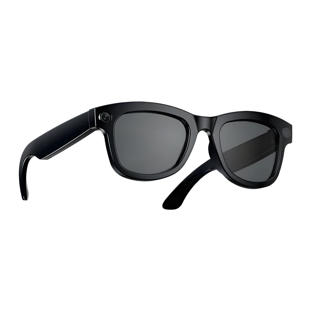 Gafas negras de sol con montura brillante, lentes oscuras rectangulares y cámaras integradas en ambos lados, diseño open-ear discreto y moderno - Ítem1