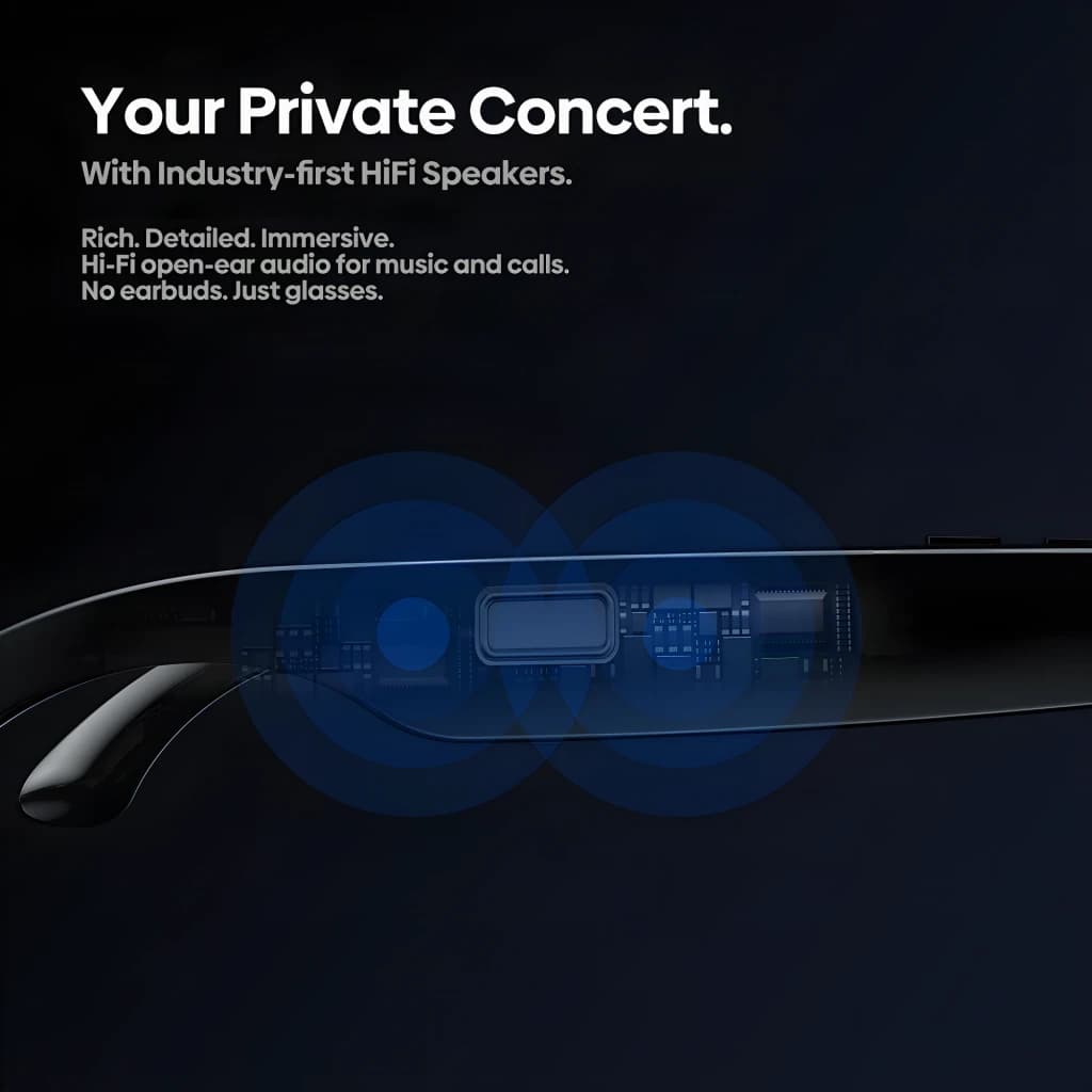 Lunettes noires avec haut‑parleurs Hi‑Fi open‑ear, caméra 5 MP, vidéo 1080p, micro pour appels, mémoire 32 Go. Design discret et immersif.