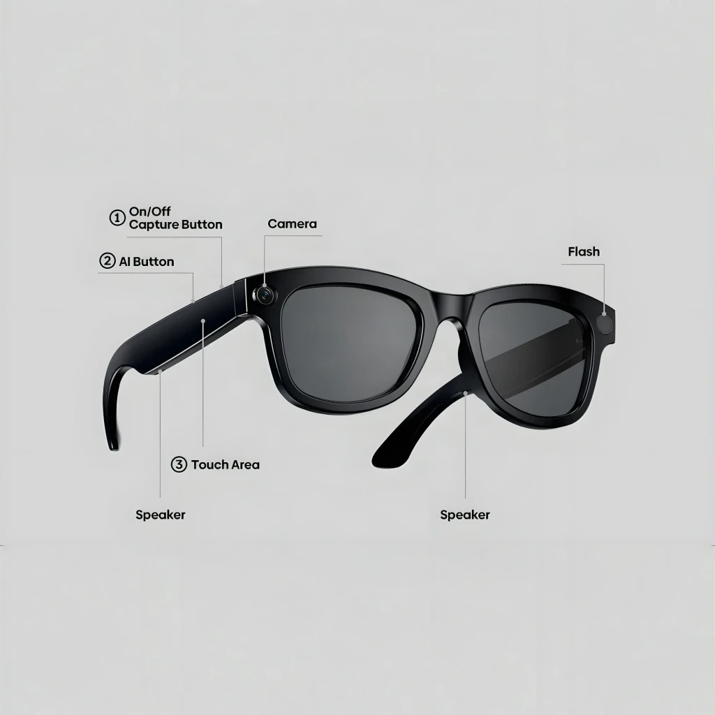 Gafas negras de sol con montura brillante, lentes oscuras rectangulares y cámaras integradas en ambos lados, diseño open-ear discreto y moderno - Ítem5