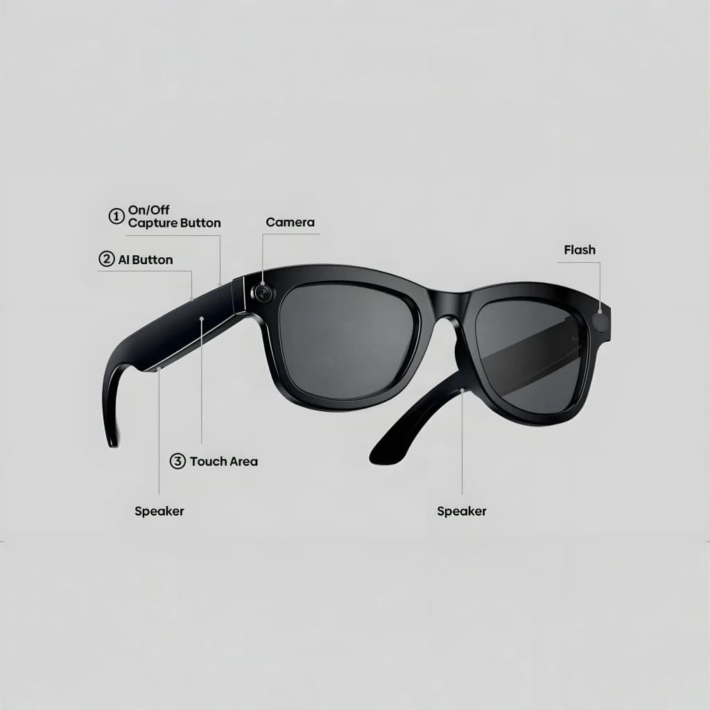 Lunettes noires avec caméra 5 MP frontale, flash discret, boutons On/Off et IA, zone tactile, haut‑parleurs open‑ear intégrés, 32 Go, vidéo 1080p