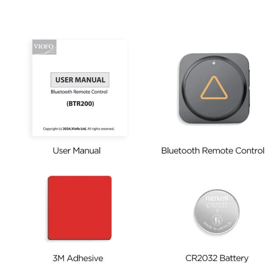 VIOFO BTR200 Télécommande Bluetooth compacte en noir, boîtier carré arrondi avec grand bouton circulaire et triangle lumineux jaune, LED d’état discrète - Ítem5