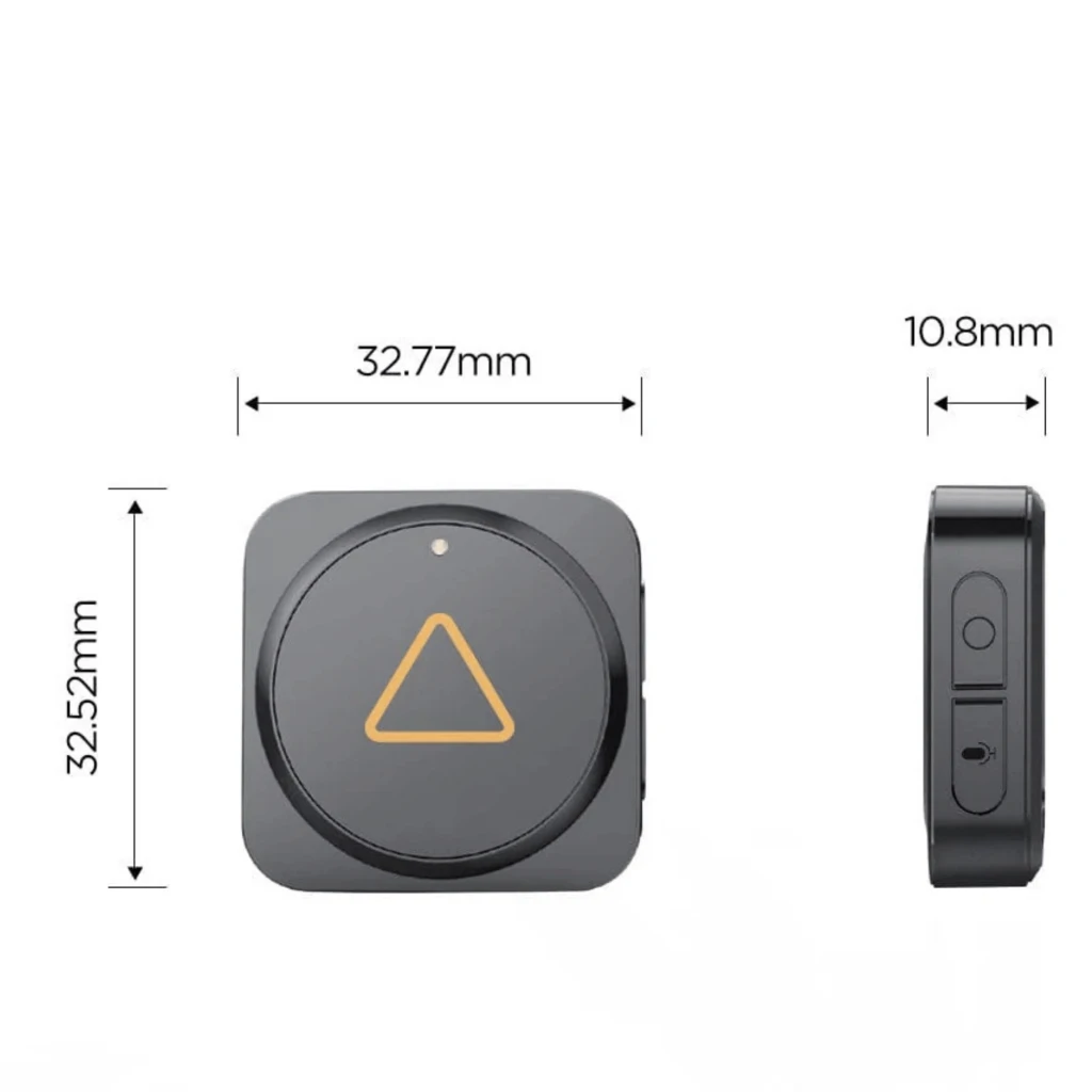 VIOFO BTR200 Télécommande Bluetooth compacte en noir, boîtier carré arrondi avec grand bouton circulaire et triangle lumineux jaune, LED d’état discrète - Ítem4