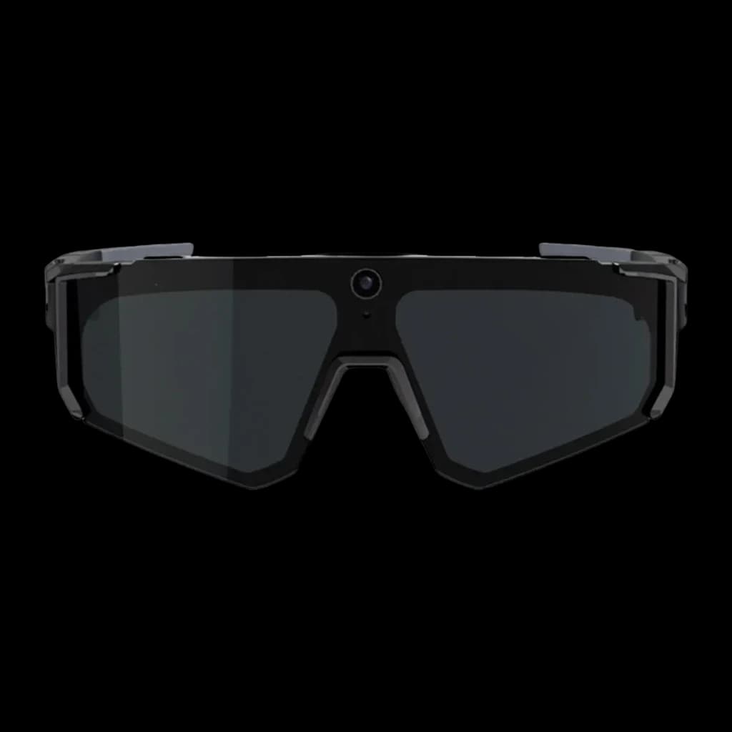 Lunettes sport noires au design anguleux, verres teintés, monture robuste, caméra frontale 8MP intégrée, haut-parleurs open-ear pour usage actif