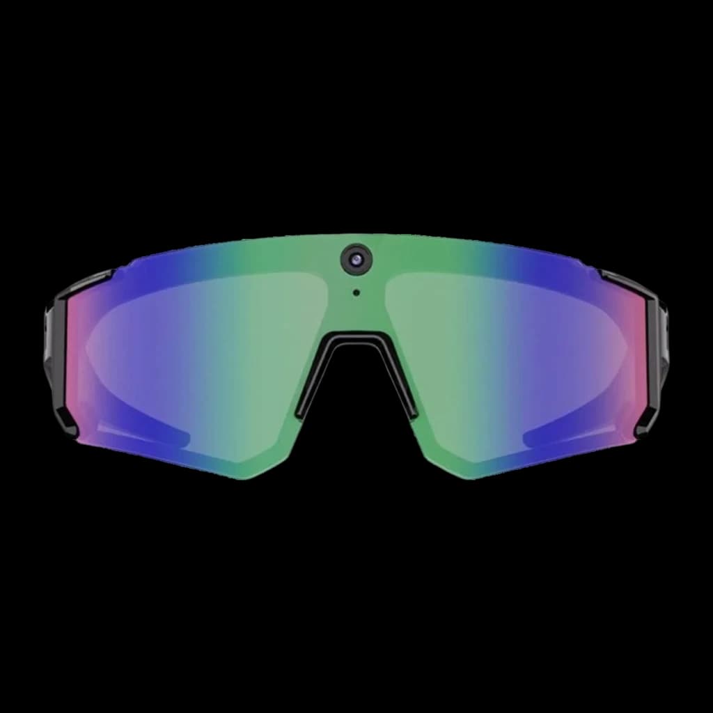 Colmi V06 8MP 2K lunettes sport avec caméra centrale, verres polarisés bleus irisés, monture enveloppante, branches noires avec enceintes open ear