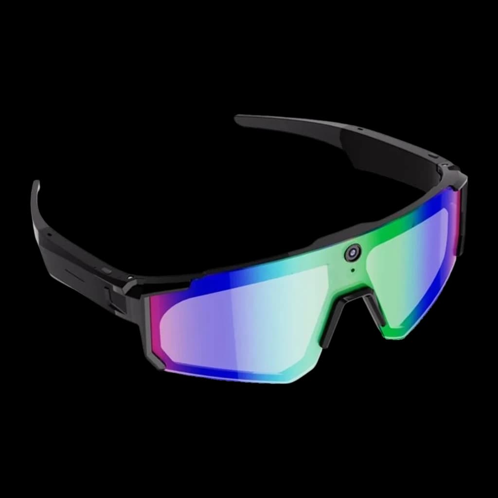 Colmi V06 lunettes sport noires avec verres miroir bleus polarisés, monture enveloppante, caméra 8 MP centrée et branches épaisses avec enceintes open-ear