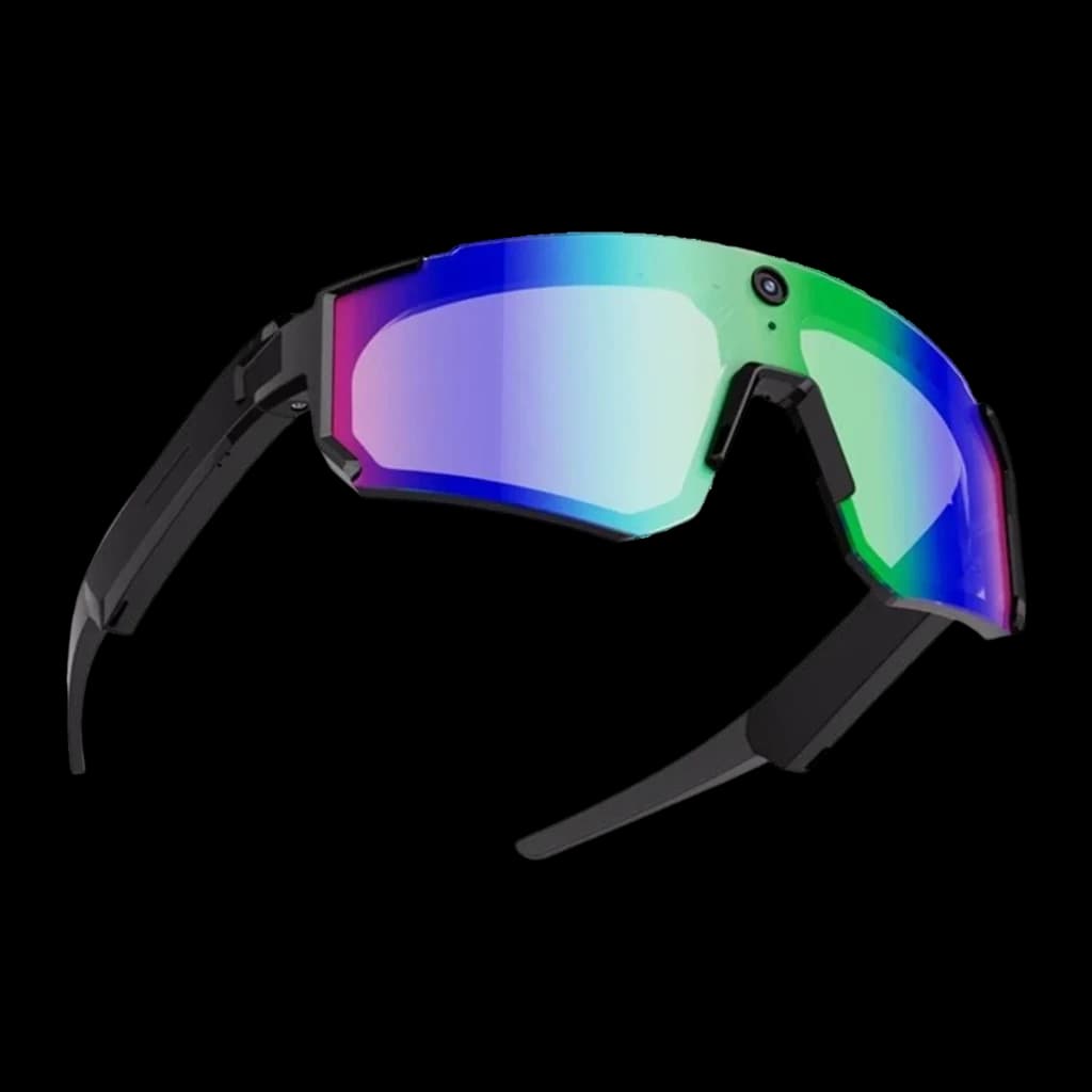 Colmi V06 8MP 2K lunettes de soleil sport noires avec verres polarisés bleus miroir, monture enveloppante, caméra centrale et branches épaisses open ear
