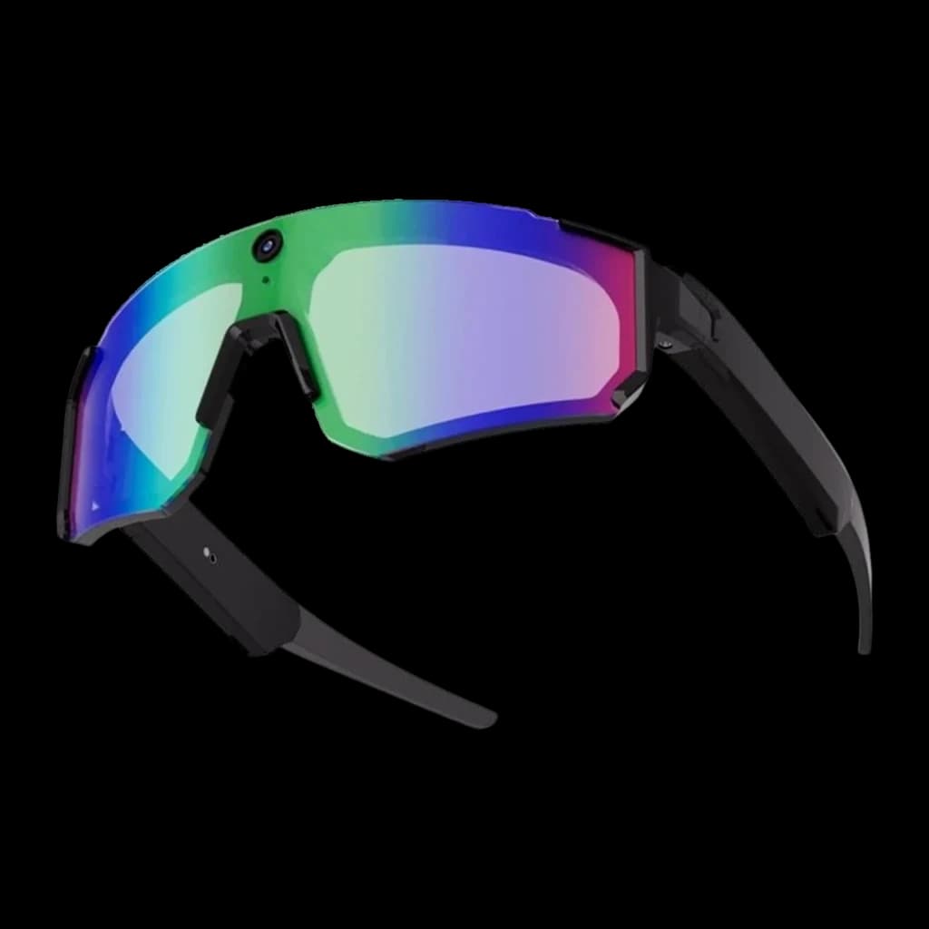 Colmi V06 8MP 2K, lunettes sport open-ear avec caméra frontale et verres polarisés bleus miroir; monture noire angulaire, branches épaisses tech