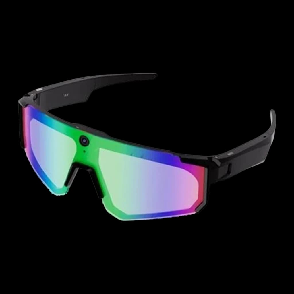 Lunettes sport noires avec verres miroirs polarisés bleus, caméra centrale 8MP intégrée et branches épaisses avec enceintes open ear 2K