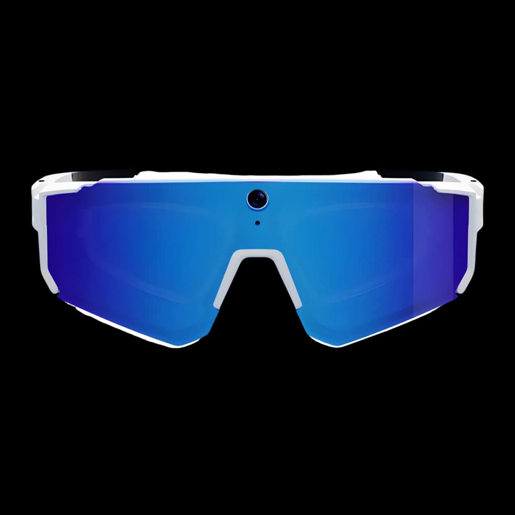 Lunettes sport blanches avec écran unique bleu miroir, caméra 8MP centrée, monture enveloppante, haut‑parleurs intégrés pour son 360°