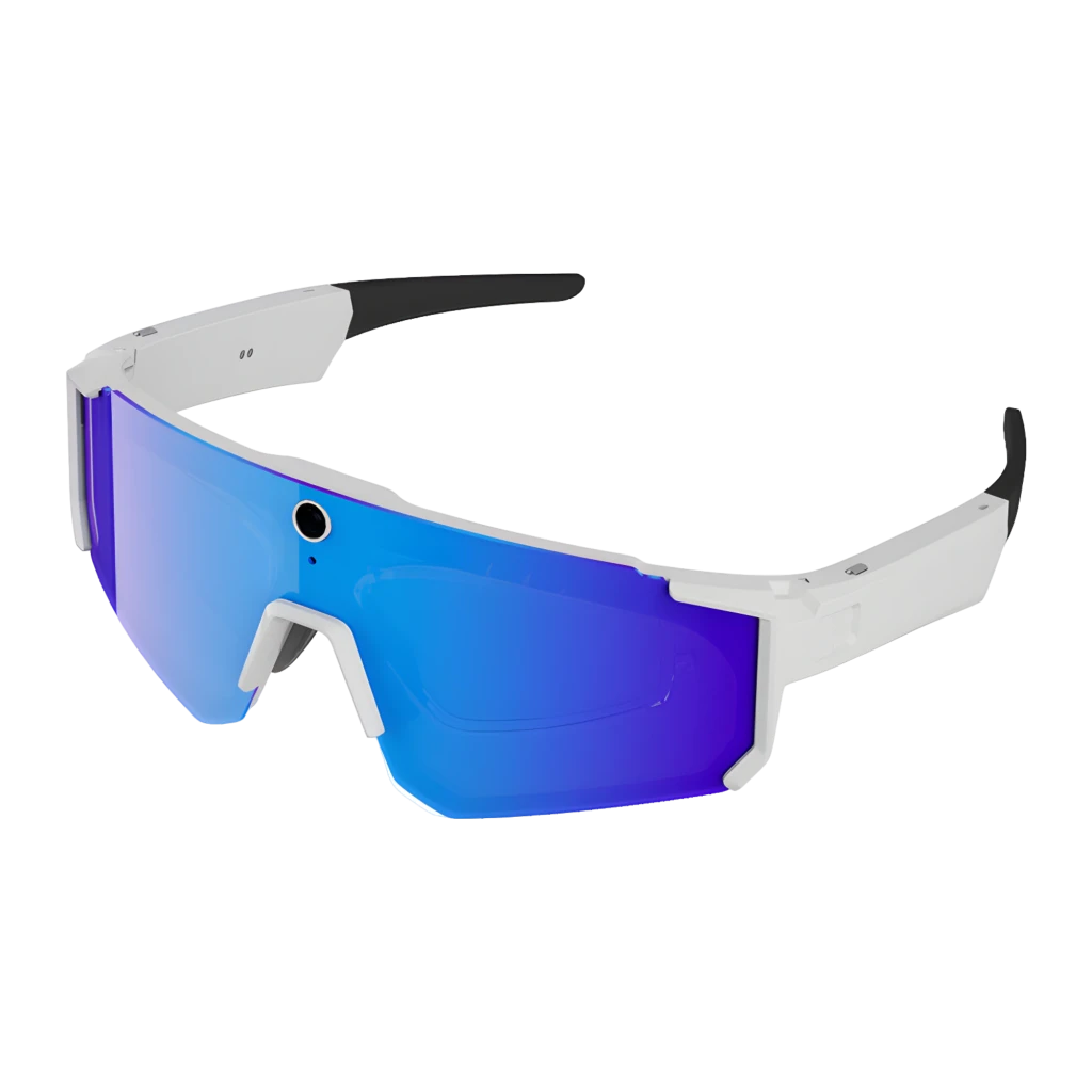 Colmi V06 Blanco con lentes azules, cámara 8MP centrada y altavoces 360° integrados en la montura deportiva; diseño envolvente y marco blanco robusto - Ítem6