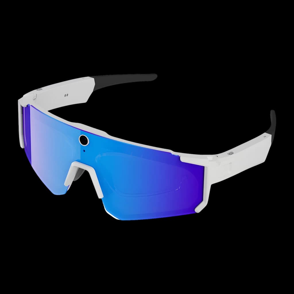 Lunettes Colmi V06 blanches avec grand écran à verres bleus, caméra 8 MP centrée et branches robustes, haut‑parleurs 360° intégrés